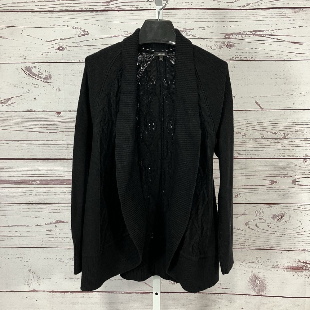 Talbots Black Open Front Cardigan Women's L Cable Knit Shawl Collar‎ Sweater